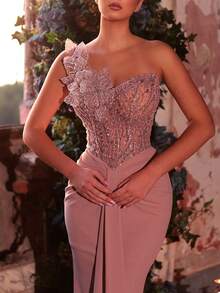 Glamrae Elegant Luxurious Beaded & Sequin Floral Design Elastic Ruched Mermaid Skirt, Suitable For Weddings, Parties, Vacations, Galas, Formal Occasions (Heavy Embellishment) - Dusty Pink - View 3