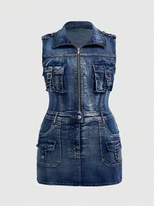 ROMWE J-Fashion Đầm denim ôm sát eo dáng ngắn đa năng dành cho người có thân hình đầy đặn - Màu xanh lam - Xem 5