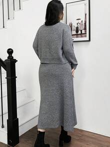 Feyla 大码女式优雅仿珍珠纽扣开衫和裙装套装，适合工作和通勤，秋冬季 - 灰色 - 查看 2