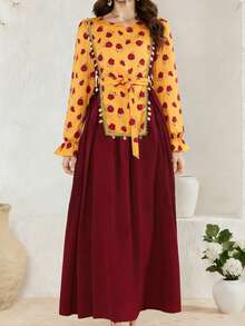 SHEIN Damen Langarm Kleid mit Patchwork-Muster und Rundhalsausschnitt - Rot - Übersicht 4