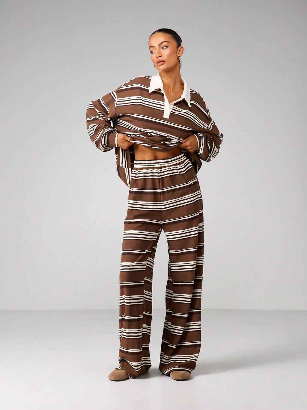 MISSGUIDED 스트라이프 칼라 탑과 와이드 팬츠 세트