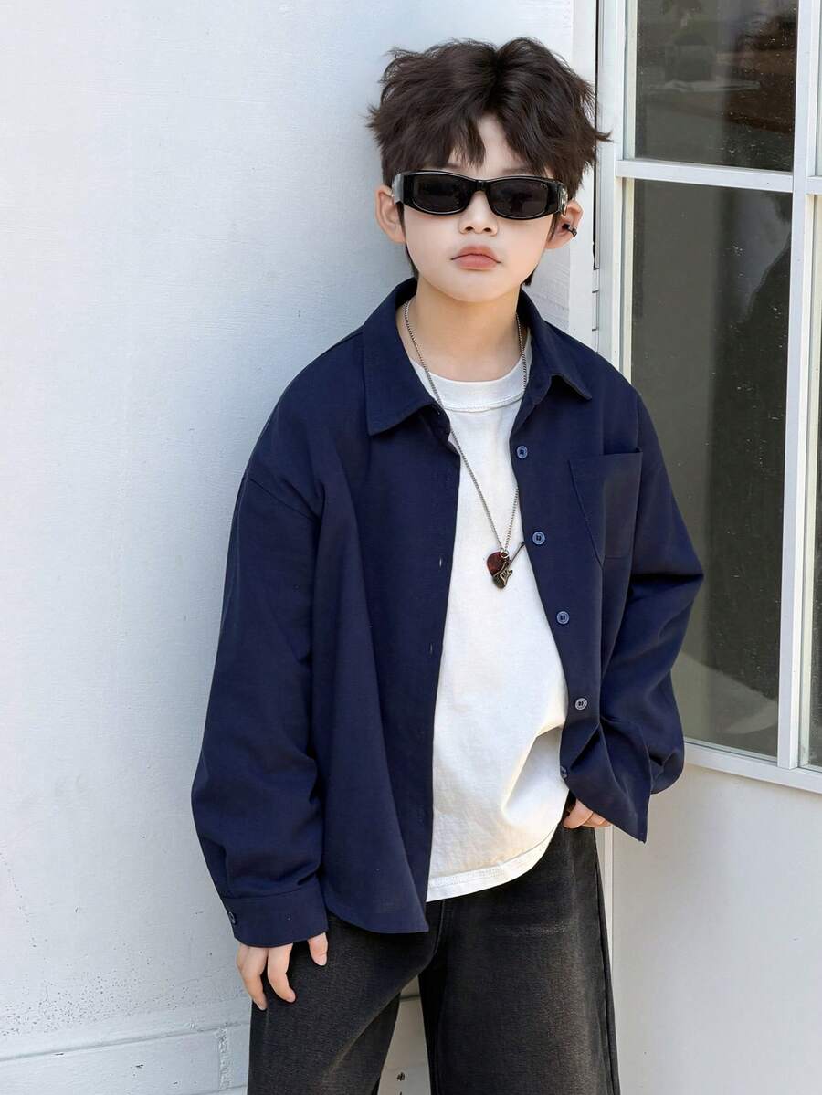 DAZY Tween Boy Casual Solid Color Front Button Long Sleeve Shirt, Autumn Spring - Navy Blue - View 1