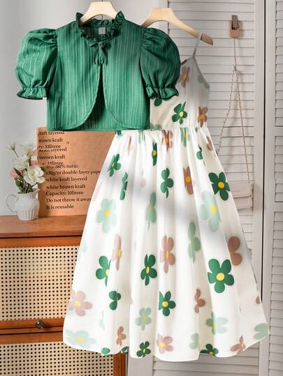 SHEIN Conjunto de vestido elegante, digno y de alta gama para niñas preadolescentes con cárdigan a juego. Parte superior tejida de textura verde con cárdigan, detalle de lazo, vestido ajustado con estampado floral, diseño de manga abullonada, complementado con cárdigan con lazo 3D