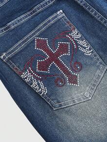ROMWE Grunge Punk Váy ngắn denim phong cách Y2K hở eo với túi, họa tiết chữ thập và cánh đính đá. - Màu xanh lam - Xem 4