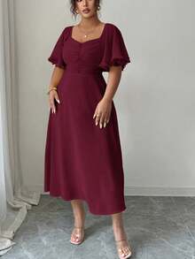 Modelyn Váy du lịch mùa hè kiểu Pháp bằng vải voan màu vàng bơ trơn dành cho nữ, tay bèo nhún - Màu Đỏ Sâu - Xem 6