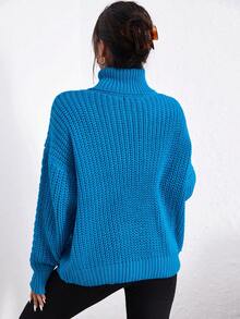 RueChic Turtle Neck Drop Shoulder Cable Knit Sweater - Màu xanh bạc hà - Xem 2