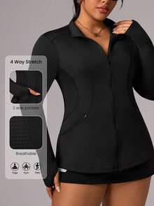 Rhythm Era Chaqueta deportiva de manga larga con cierre frontal ajustada de unicolor para mujer de talla grande - Negro - Ver 1