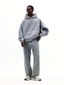 SUMWON Contrast Stitch Detail Hoodie With Heathered Fleece Fabric And Centre Pocket For Casual Winter Comfort Plain - Grey - View 8