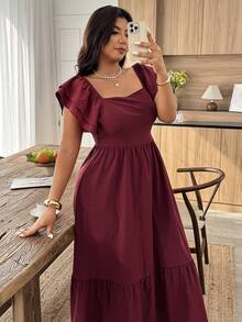 Weeklong Plus Size Solid Color Ruffle Hem Square Neck Elegant Dress - Burgundy - View 3