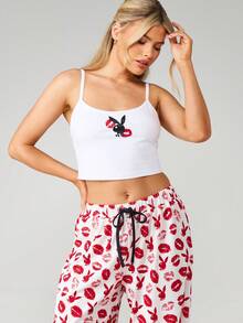 Missguided x Playboy Bộ đồ mặc nhà in hình môi, ống rộng, gồm áo hai dây và quần palazzo, mang đến sự thoải mái thường ngày. - Nhiều màu - Xem 3