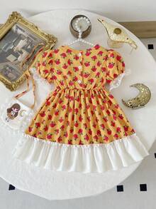 Baby Girl Yellow Summer Cute Family Matching Middle Eastern Traditional Short Puff Sleeve Lace Trim Princess Party Midi Dress With Sling Bag Abaya - Multicolor - View 8