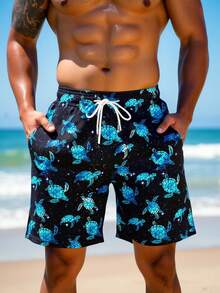 Manfinity Swimmode Men's Turtle Print Drawstring Waist Pocket Beach Shorts - Navy Blue - View 4