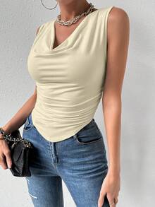 SHEIN 女款素色垂領時尚百搭上班派對上衣，夏季性感女上衣 - 黃色 - 查看 5