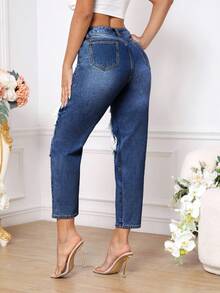 SHEIN PETITE 女款高腰口袋破洞緊身休閒百搭牛仔褲 破洞牛仔褲 女款牛仔褲 破洞寬鬆牛仔褲 Y2K 夏季牛仔褲 小個女款 - 中等水洗藍 - 查看 2