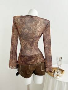 Elamini Women's Sexy Mesh Sheer Lace Print Fitted V-Neck Flare Long Sleeve T-Shirt, Spring/Autumn - Brown - View 2
