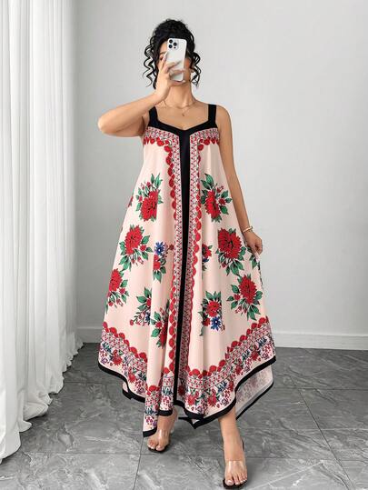 Elenzga Plus Size Women Floral Print Casual Asymmetrical Hem Cami Dress