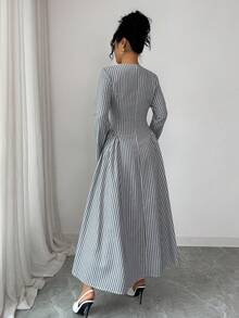 Modelyn Women's Striped Button Design V-Neck Long Sleeve Casual Dress - Grey - View 2