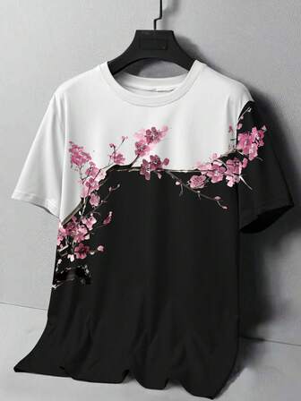 Manfinity Plus Size Men's Casual Colorblock Floral Print Round Neck Short Sleeve T-Shirt, Summer