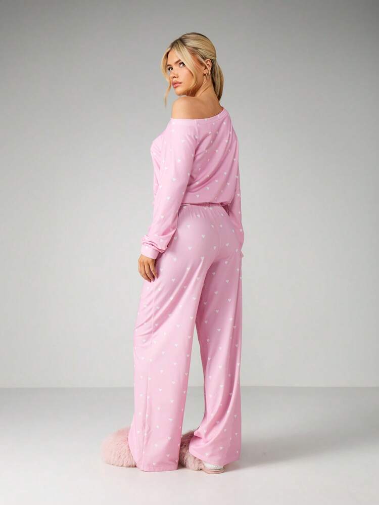MISSGUIDED Off Shoulder Long Sleeve Top And Straight Leg Pants Polka Dot Pajama Set For Loungewear And Sleepwear