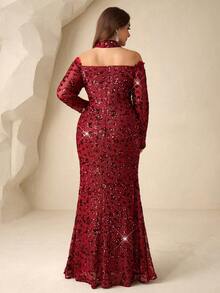 Coutiva Plus Size Women's Burgundy Spring Elegant Evening Formal Dress,Off-Shoulder Lace Patchwork Sequin Gown With Detachable Collar And Faux Fishbone - Burgundy - View 3