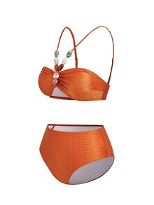 Swim Oasis 26SS 女士春夏沙滩套装，女士三件套泳装，优雅性感社交名媛复古波西米亚风，亚克力珠饰装饰，精致缎面质感面料，热带棕榈树剪影印花，全身印花，吊带比基尼上衣和裹身裙，高端套装，焦糖棕色，暖橙色，性感奢华，优雅精致，适合沙滩、度假、派对、日常穿着。三件套泳装，女士沙滩套装，沙滩裙套装，夏威夷风情套装，女士三件套泳装，女士沙滩套装，夏威夷风情套装，女士沙滩度假套装，2026新款女士泳装到货，适合上学、度假、约会、下午茶、西式、邮轮、沙滩、海岛、公路旅行、四季皆宜、音乐节、波西米亚风度假、凉爽秋季、西部波西米亚风、优雅女士上衣。活泼的假日彩色印花波西米亚风 - 咖啡棕 - 查看 5
