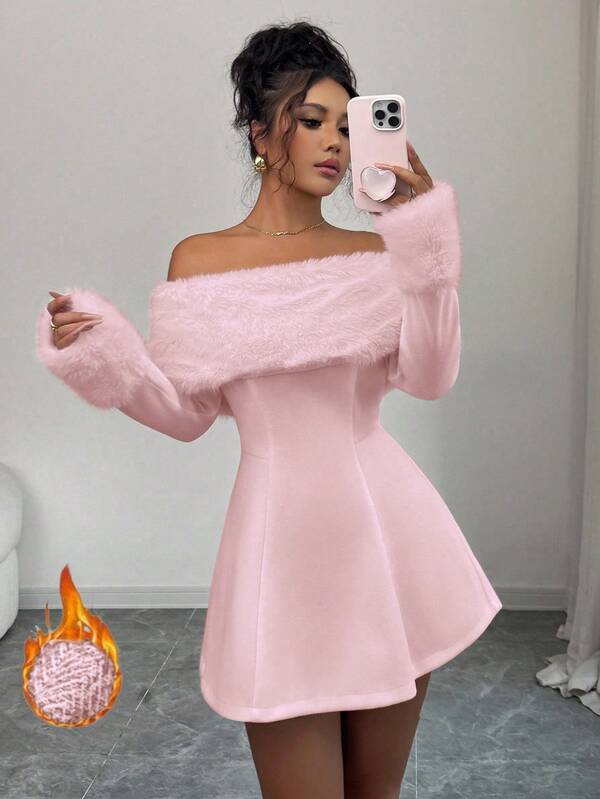 Elenzga Vestido Longo de Manga Longa com Ombros à Mostra, Cintura Marcada e Decoração de Raposa Elegante para Mulheres, Outono/Inverno