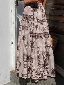 Livesso 女士宽松休闲度假波西米亚风印花拼接设计半身裙，春夏款 - 卡其色 - 查看 5