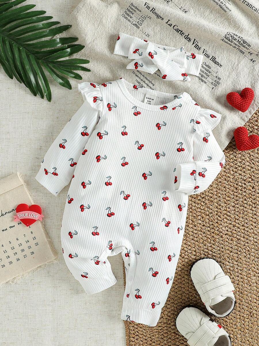 SHEIN Baby Girl Casual Cute Cherry Print Knit Romper With Headband - Multicolor - View 1