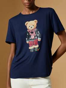 Briarwyn Casual Women's Navy Blue Short Sleeve Round Neck T-Shirt Featuring A Festive Bear Print - Navy Blue - View 7
