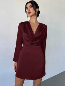 Firerie 女士新款优雅派对及圣诞婚礼宾客礼服，红色缎面绉纱面料，深V垂褶领口，长袖，修身迷你连衣裙，秋季时尚，女士婚礼宾客礼服，外出装扮 - 紫紅色 - 查看 4