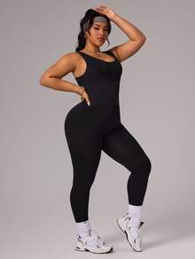 SHEIN Sports Plus Size Women Solid Color Elastic Waist Snap Button Jumpsuit - Black - View 4