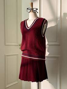 SHEIN Unity 女士V领撞色针织背心，复古学院风，休闲日常，适合返校季、通勤、办公、教师节、秋季穿着，保暖舒适。 - 酒紅色 - 查看 3