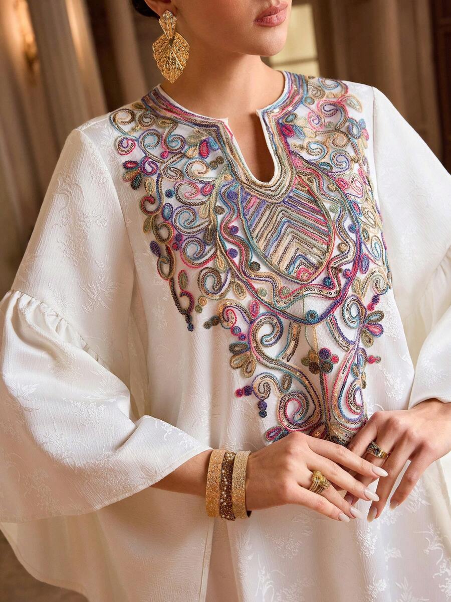 Al Najma Women's V-Neck Jacquard Flare Sleeve Loose Elegant Arabic Dress - White - View 1