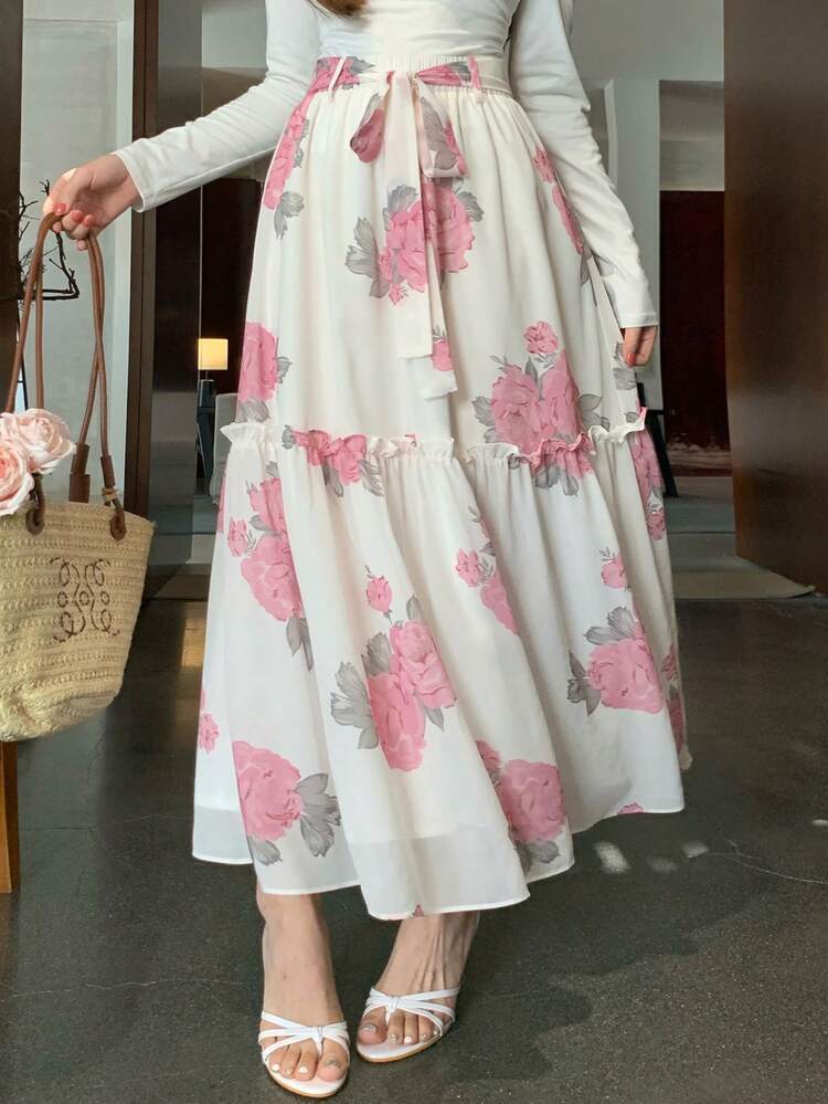 Women's Floral Print Frill Trim Elegant Skirt, Suitable For Vacation