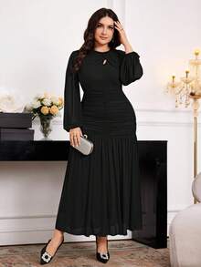 Modelyn Vestido largo elegante de talla grande con mangas de farol, cintura ajustada y plisado - Negro - Ver 5