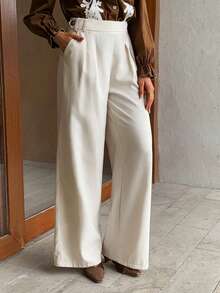 Elyressa Pantalones anchos de pierna casual de mezcla de lino con cintura alta, cintura con lazo y bajo asimétrico, color lino, para primavera/otoño - Albaricoque - Ver 5