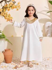 Váy Abaya họa tiết hoa xanh trắng cho bé gái, cổ và tay áo viền hoa xanh, thường ngày, phù hợp cho mùa xuân và mùa hè - Màu be - Xem 7