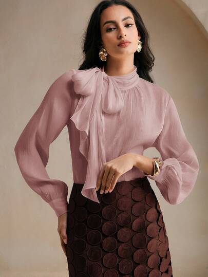 Anewsta Women's High Neck Long Sleeve Tie Cuff Elegant Chic Commuter Blouse With Bow Tie