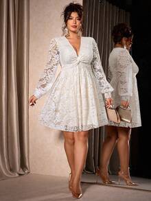 Cravure 大码女式扭结腰身A字蕾丝撞色衬里派对连衣裙，秋冬款 - 彩色 - 查看 4