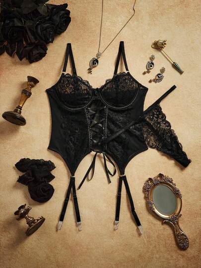 SHEIN 4pack Contrast Lace Lace-Up Front Underwire Corset Lingerie Set, Baddie Look