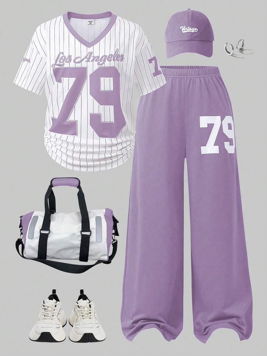 SHEIN ChillGRL 2pcs/Set Casual & Fashionable Teen GirlNumber Graphic V-Neck Short Sleeve Top And Wide Leg Sweatpants Set