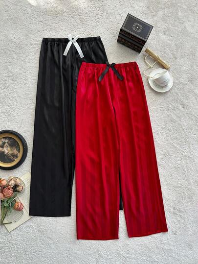 SHEIN 2pcs Faux Silk Jacquard Striped Bow Decor Waistband Women Pajama Pants Set Lounge Pants For Women Night Pants For Women Long Pants Pajama Set