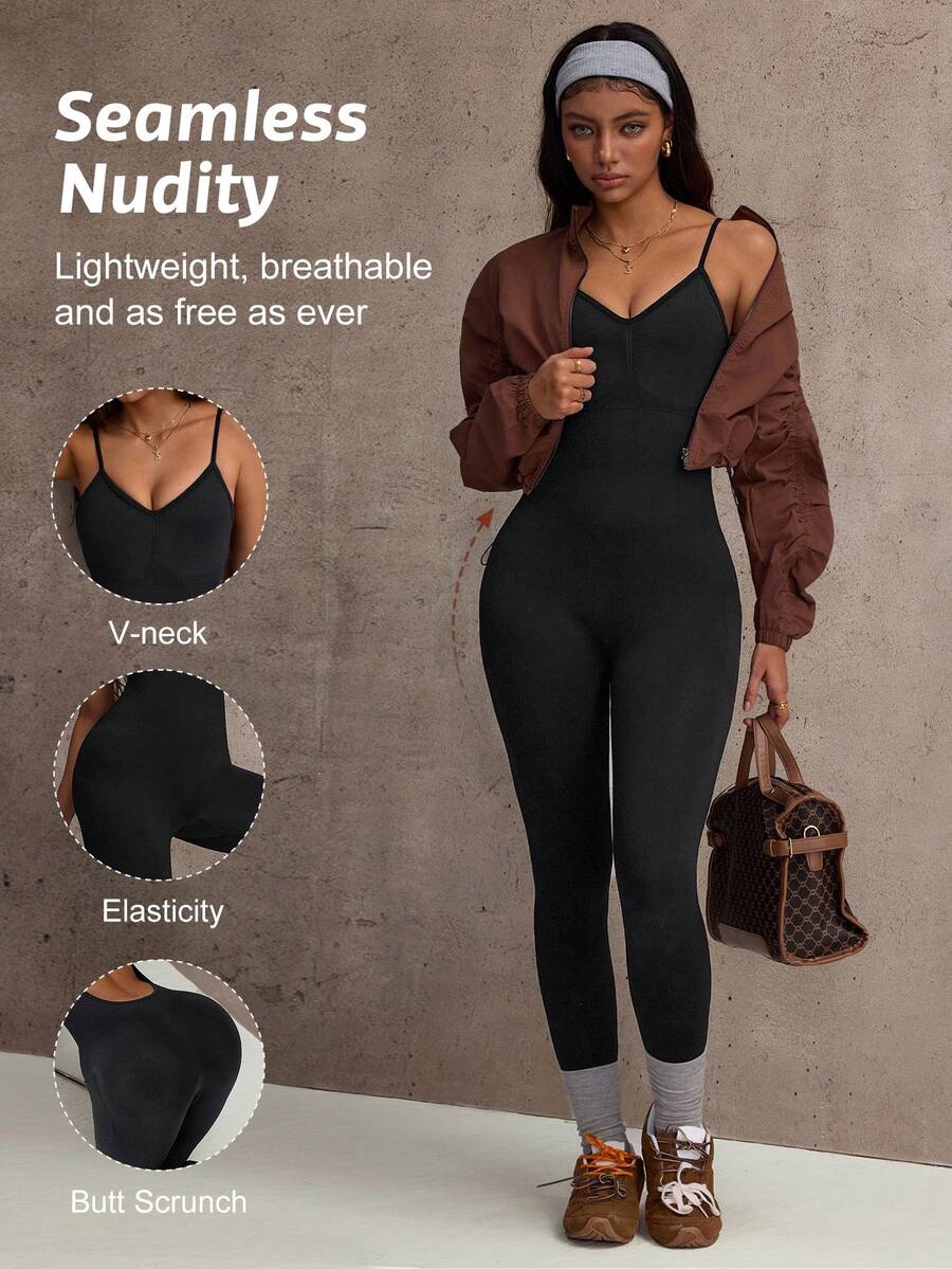 Gameset SHEIN Sport Macacão preto com bolsos, modelo sexy com alças finas e costas nuas para mulheres. - Preto - Ver 1