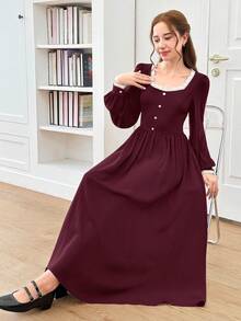 Vestido casual elegante para adolescente, em tecido bordô com patchwork, gola de strass e mangas compridas. - Borgonha - Ver 4
