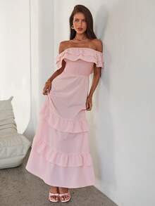 Aloruh Women's Light Pink Bohemia Elegant Summer Vacation Holiday Maxi Dress,Off Shoulder Linen Like Ruffled Fitted Waist Wedding Guest Party Outfits - Baby Pink - View 9
