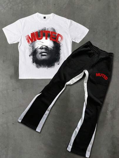 PAVTROS Manfinity Streetrush Men's Letter & Figure Print Short Sleeve T-Shirt And Shorts Set, Men's Street INS Alphabet Print Short Sleeve Suit, Fashionable Street Matching, Perfect Color Block Splicing Design, Suitable For Daily Wear, Men's Suit For Daily Wear, Fashionable Goods For Husband/Boyfriend/Friend.