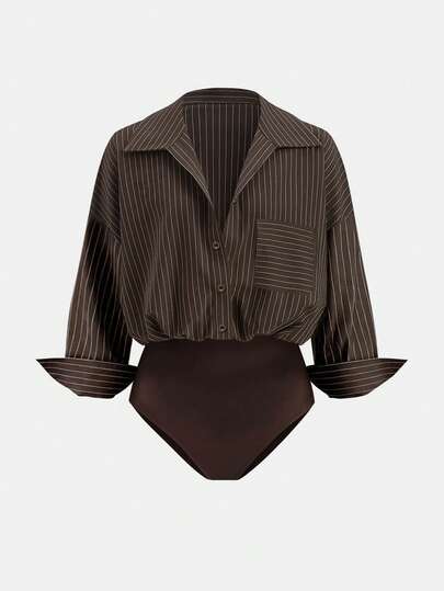 Airaco Plus Size Women Casual Striped Button-Up Long Sleeve Bodysuit