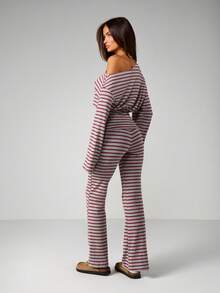 MISSGUIDED Striped Off Shoulder Long Sleeve Crop Top With High Waisted Wide Leg Pants Two Piece Lounge Set Casual Outfit - Multicolor - View 2