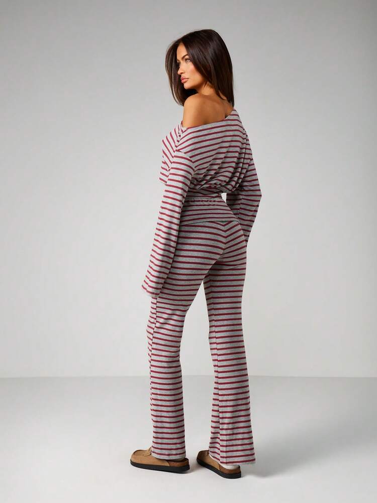 MISSGUIDED Striped Off Shoulder Long Sleeve Crop Top With High Waisted Wide Leg Pants Two Piece Lounge Set Casual Outfit