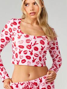 Missguided x Playboy Lip Print And Bunny Pattern Long Sleeve Crop Top With Drawstring Shorts Pajama Set For Women - Pink - View 5
